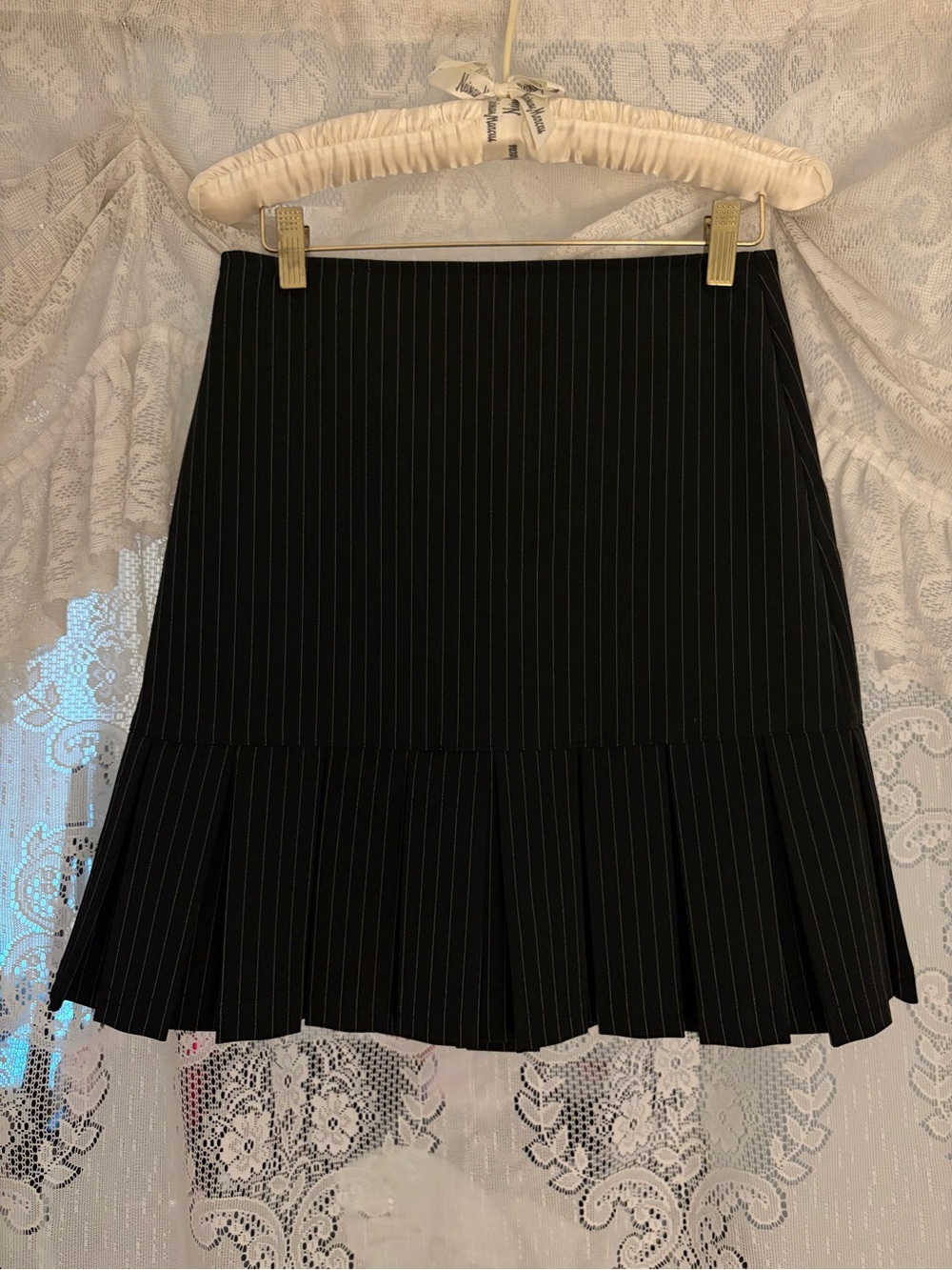 Copper Key Black Pinstripe Pleated-Hem skirt